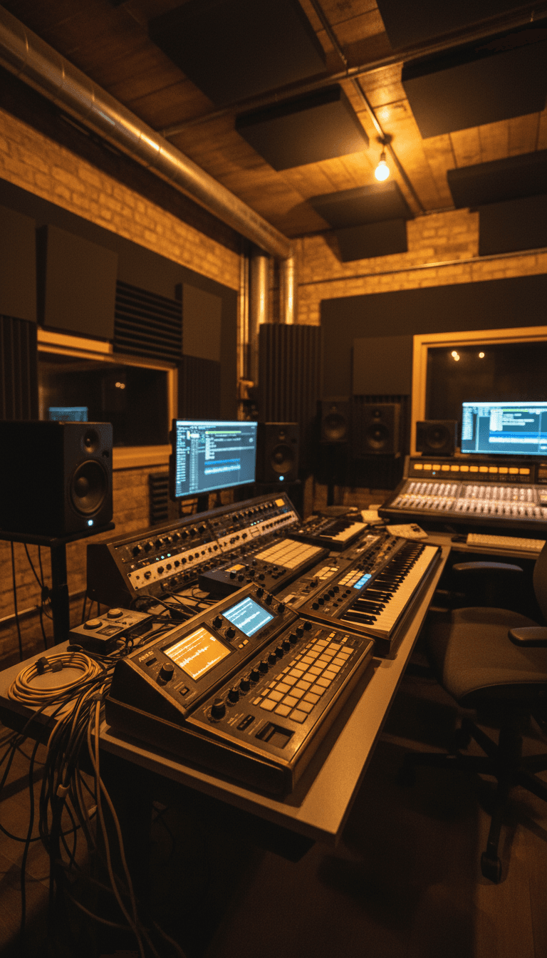 Professional music production equipment including MPC 2000 and Korg Triton in Drama'nem Entertainment studio