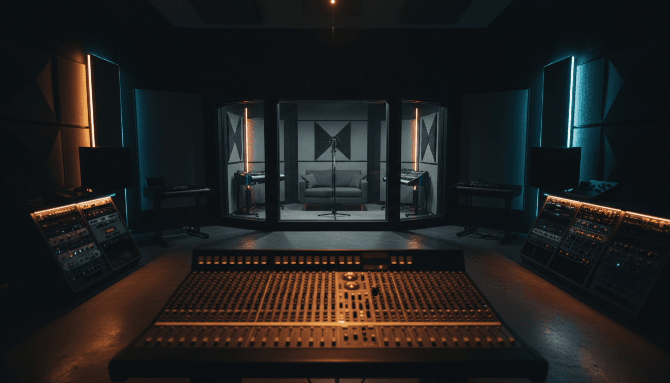 Professional music production studio with mixing console and vocal booth under warm studio lighting