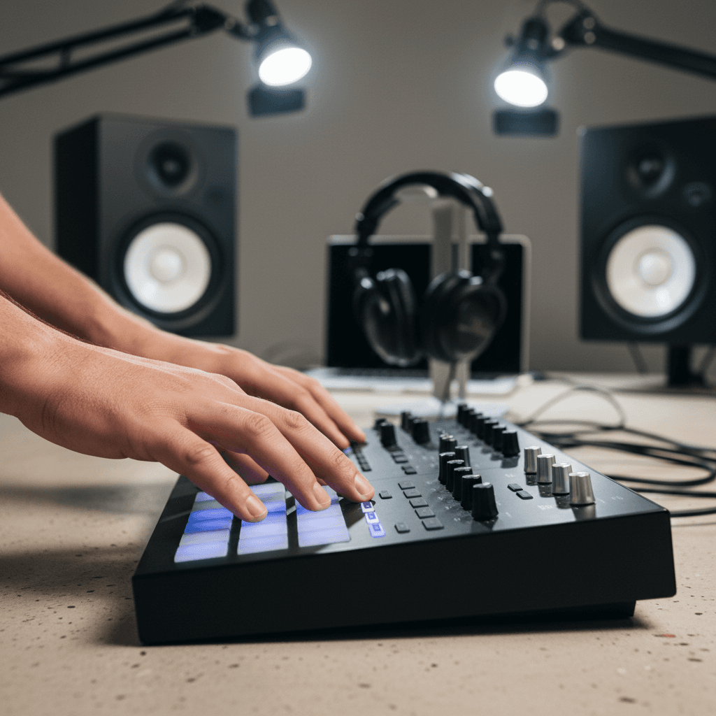 Producer using MPC 2000 in professional music studio