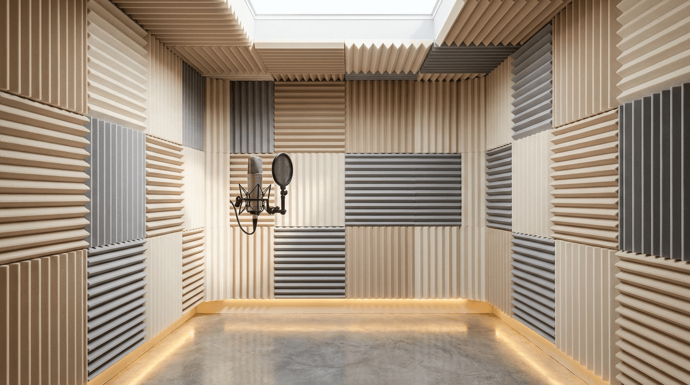 Professional recording booth with specialized microphone and acoustic foam setup in Milwaukee studio